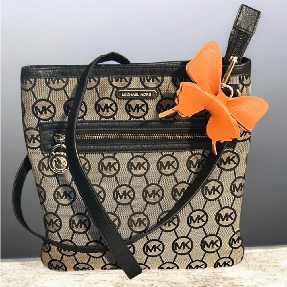 Michael Kors Tan and Black MK Signature Crossbody Bag
